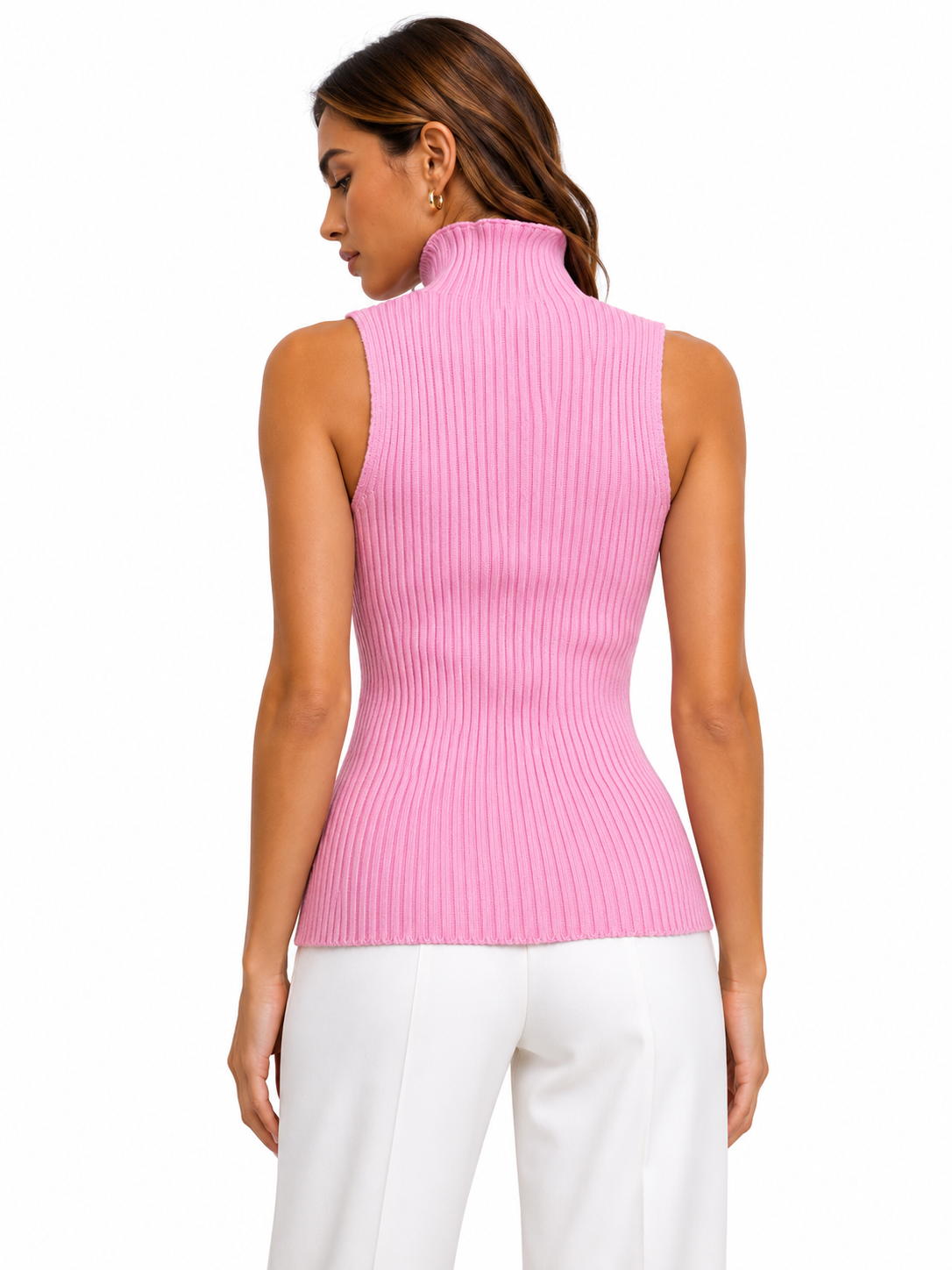 Damski Prążkowany Golf Bez Rękawów – Elegancki Dopasowany Top Dzianinowy Slim Fit Meta Title