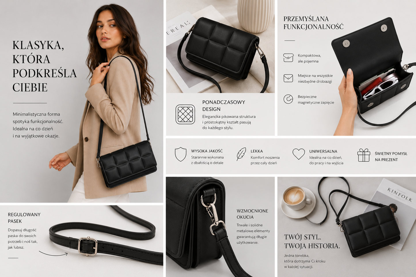 Torebka damska na ramię i crossbody z ekoskóry – elegancka pikowana listonoszka z uchwytem