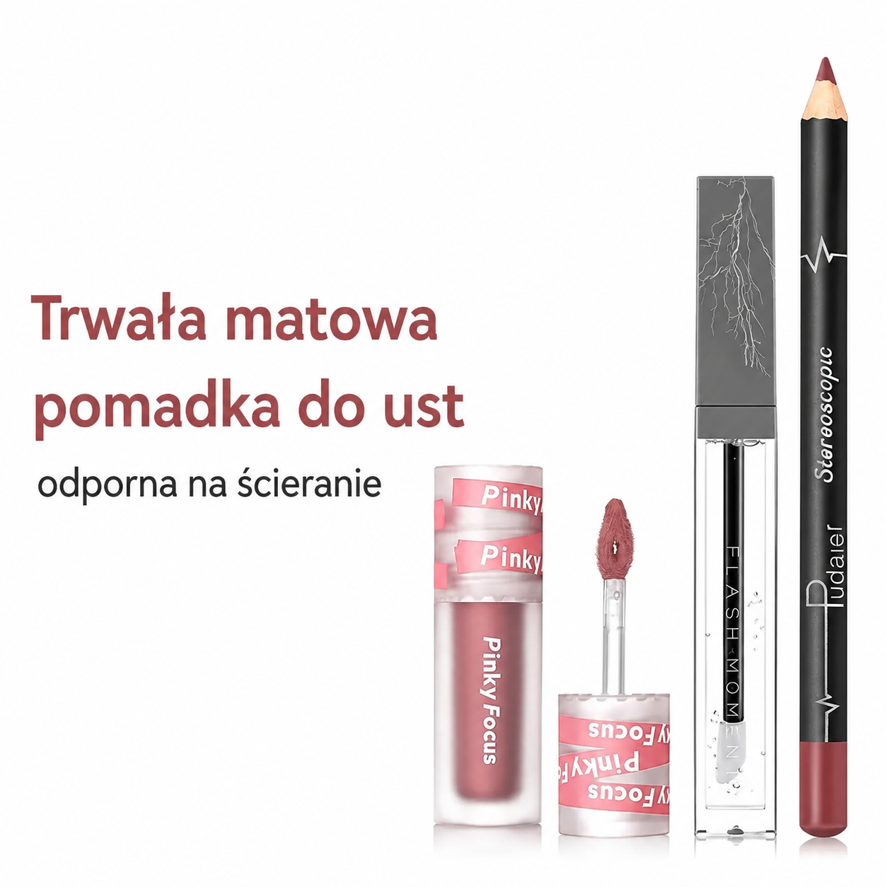 Zestaw do ust 3w1 – Konturówka, Matowa Pomadka i Błyszczyk Trwały Makijaż Ust