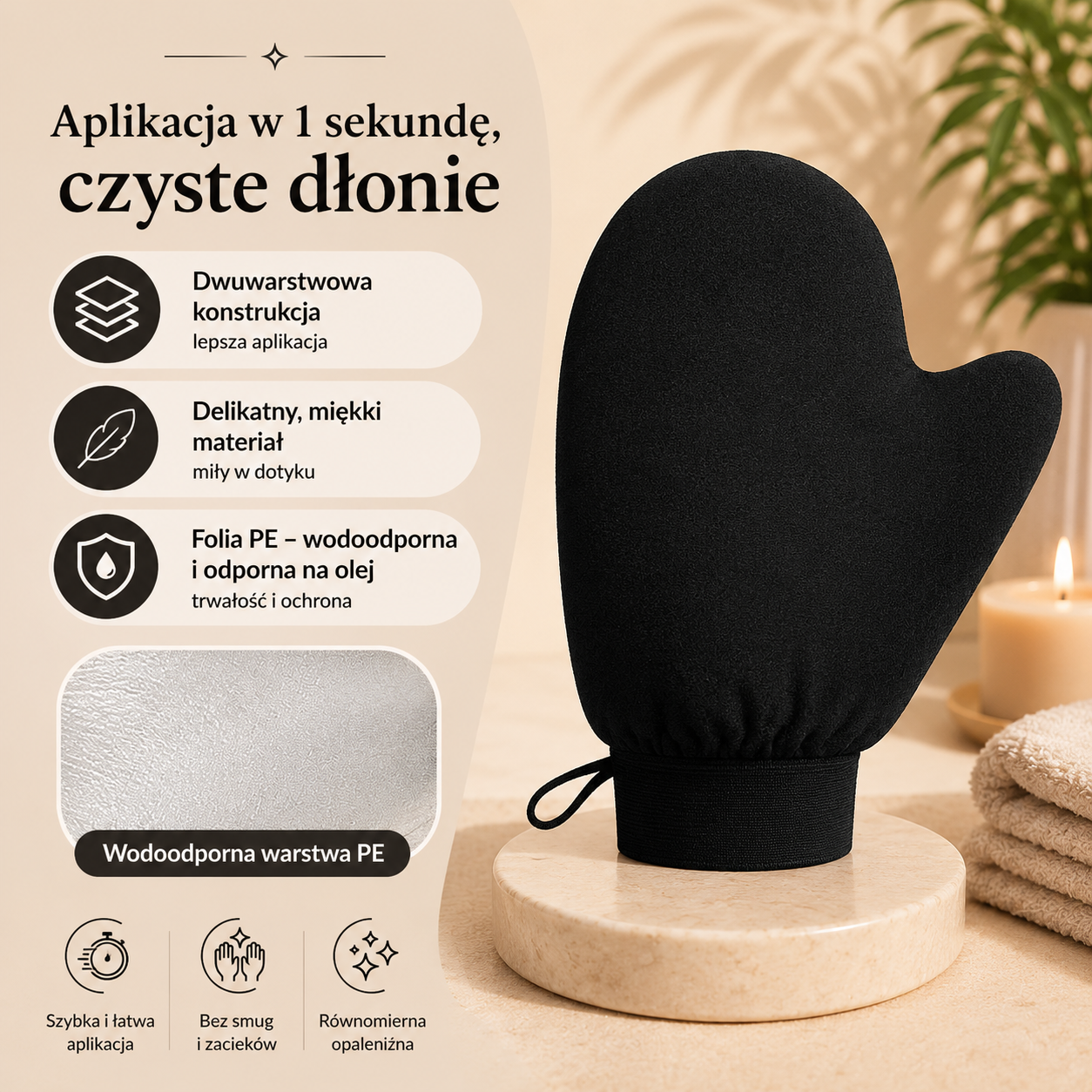 Wielorazowa rękawica do aplikacji samoopalacza – rękawica do nakładania kremu, balsamu i pianki brązującej, rękawica do czyszczenia i aplikacji samoopalacza.