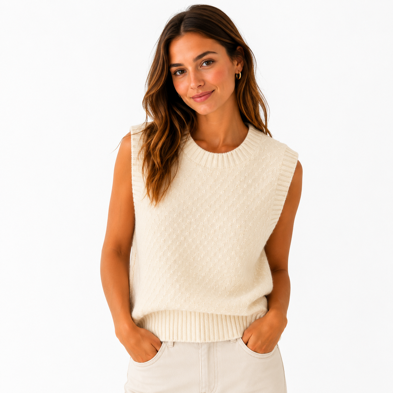 Damska Kamizelka z 100% Wełny Merino – Elegancki Sweter Bez Rękawów z Żakardowym Wzorem