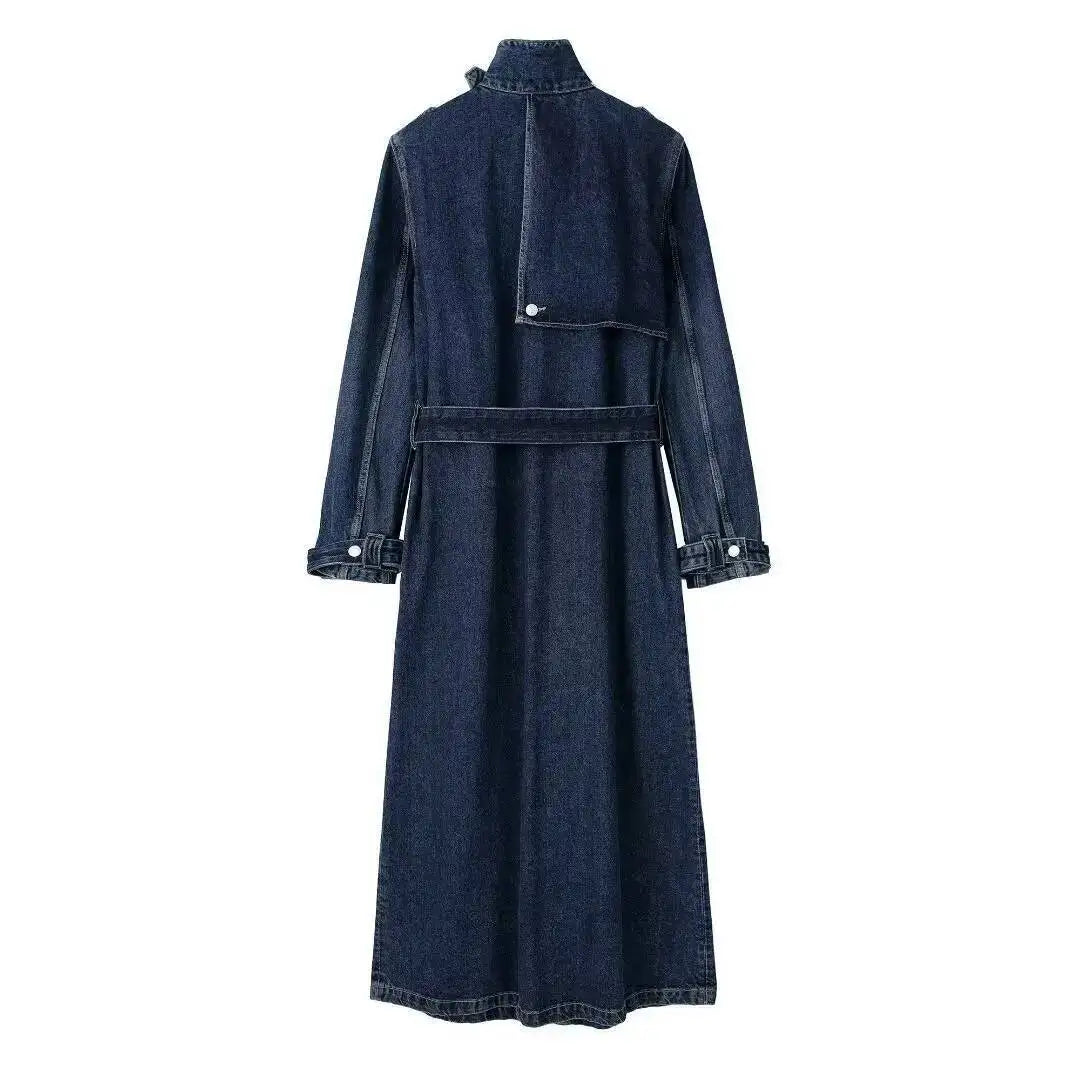 Damski Płaszcz Trench Denim ze Stójką – Długi Jeansowy Płaszcz Premium