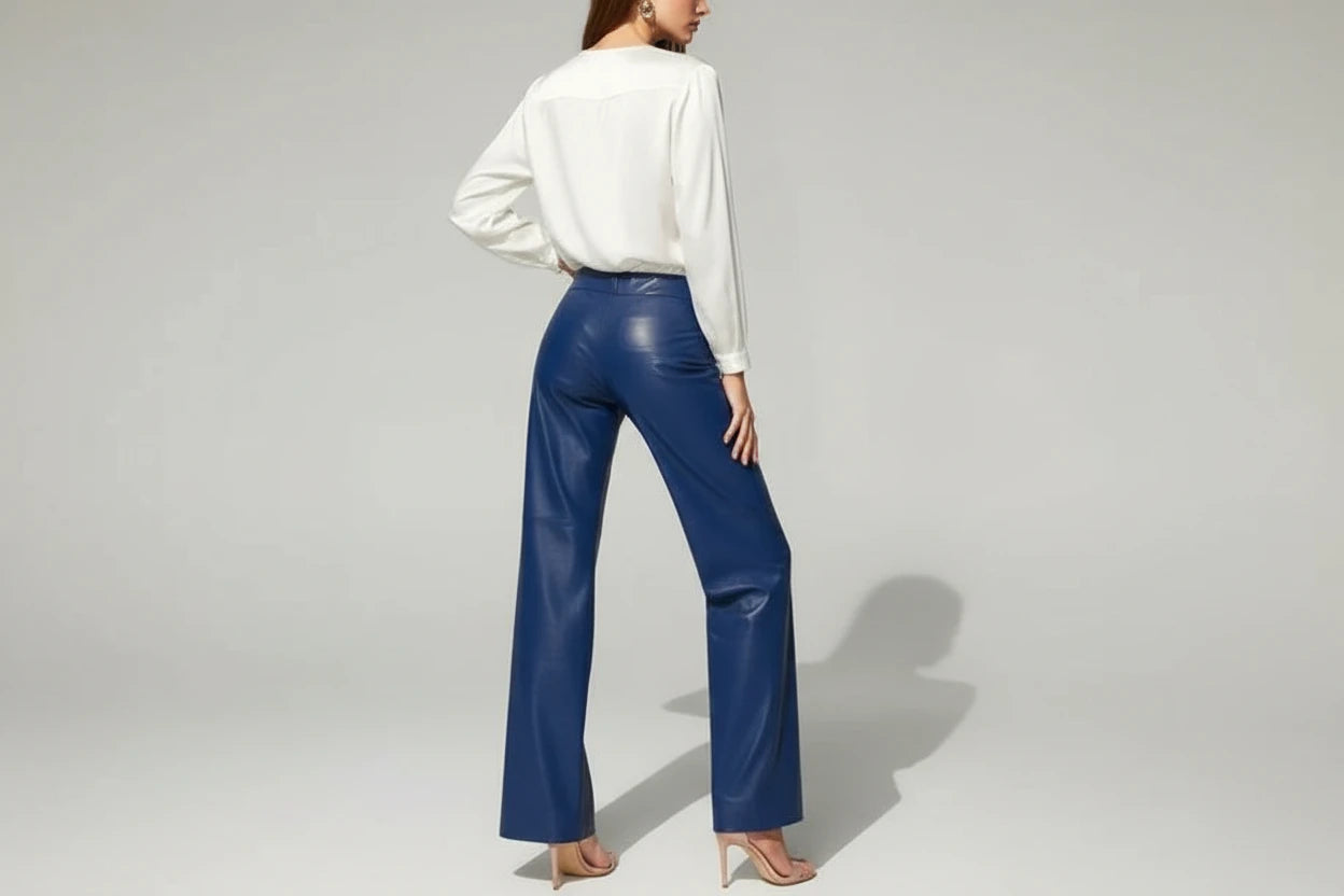 Eleganckie Spodnie Damskie z Ekoskóry Wide Leg – Wysoki Stan - Czarne, Brązowe, Niebieskie