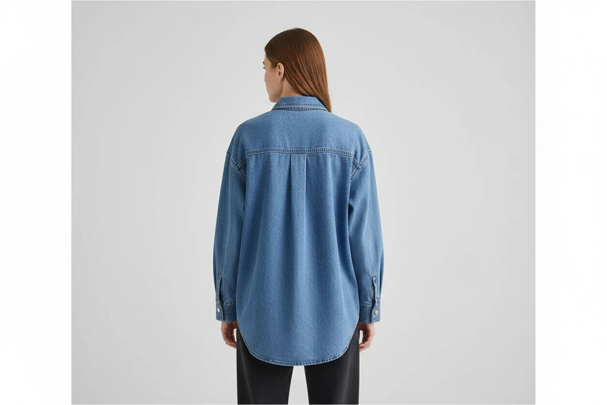 Damska Koszula Jeansowa z Perłami - Luźna Bluzka Denim z Długim Rękawem