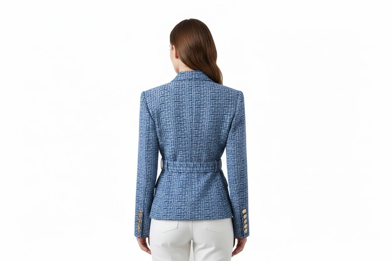 Luksusowa Marynarka Denim z Geometrycznym Wzorem - Premium Blazer z Paskiem
