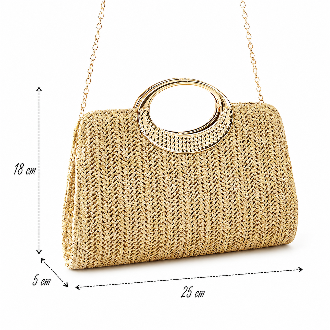Elegancka Pleciona Torebka Damska Boho z Metalowym Uchwytem – Letnia Kopertówka z Paskiem na Ramię