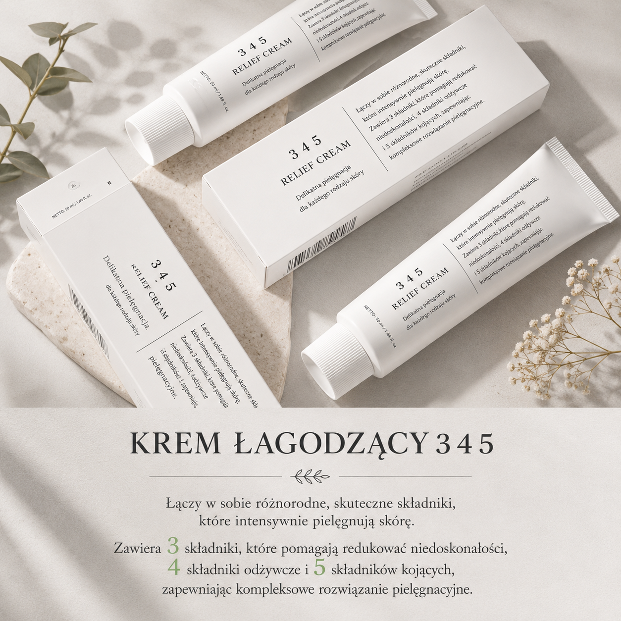345 Soothing Cream  Koreański Krem Łagodzący i Nawilżający do Twarzy oraz Punktowy na Niedoskonałości