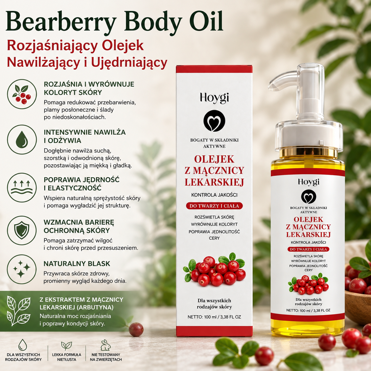 Bearberry Body Oil z Arbutyną 100ml – Rozjaśniający Olejek Nawilżający i Ujędrniający