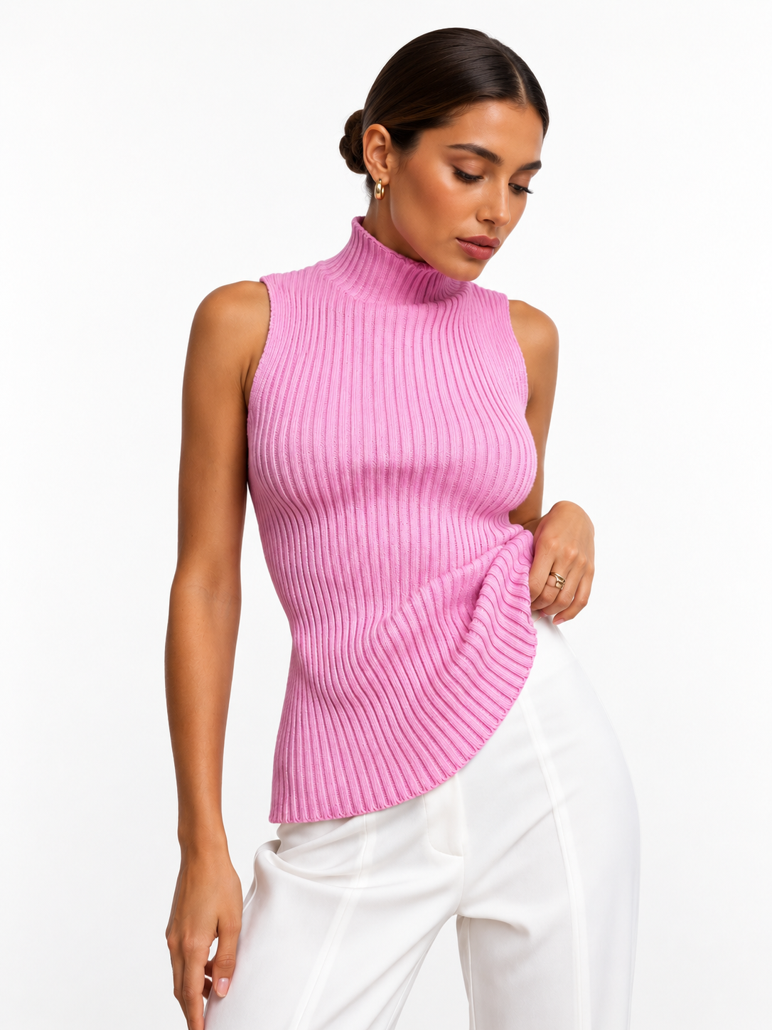 Damski Prążkowany Golf Bez Rękawów – Elegancki Dopasowany Top Dzianinowy Slim Fit  Meta Title