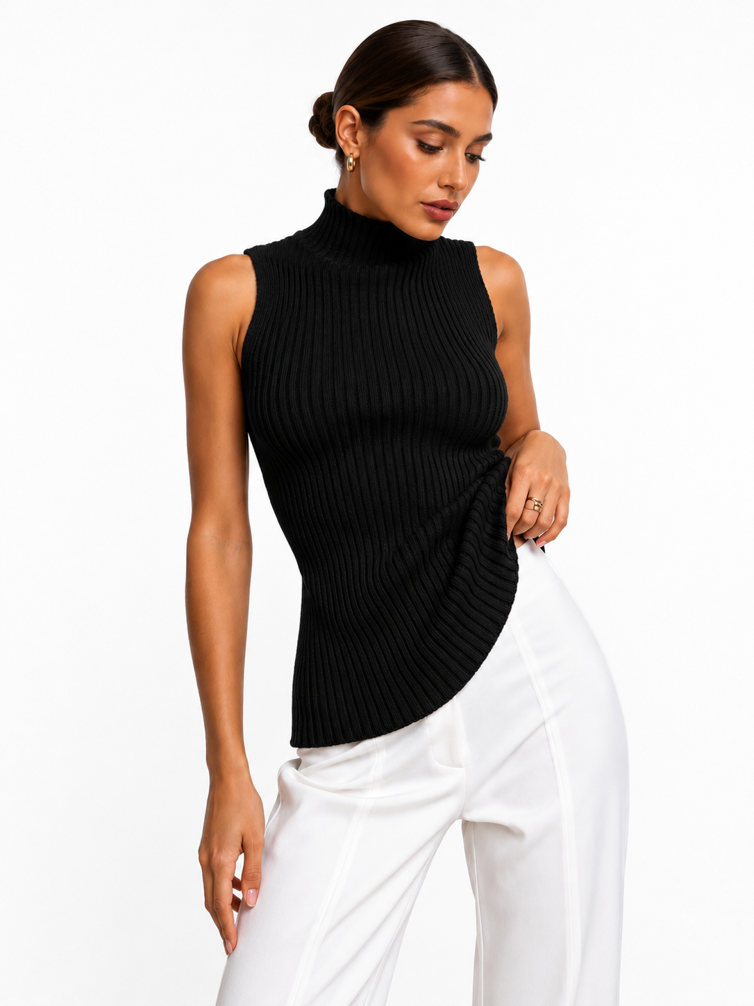 Damski Prążkowany Golf Bez Rękawów – Elegancki Dopasowany Top Dzianinowy Slim Fit  Meta Title
