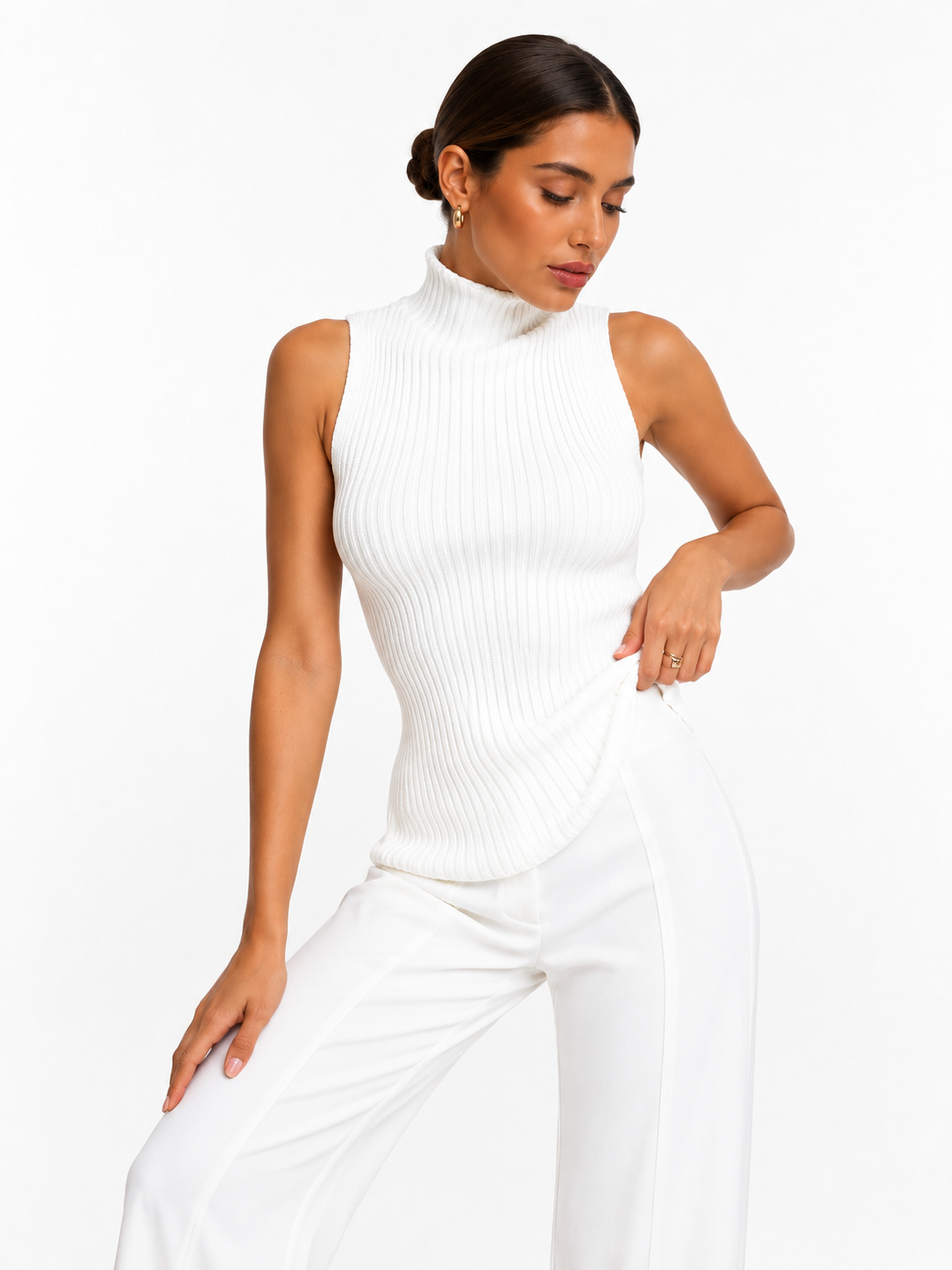 Damski Prążkowany Golf Bez Rękawów – Elegancki Dopasowany Top Dzianinowy Slim Fit  Meta Title