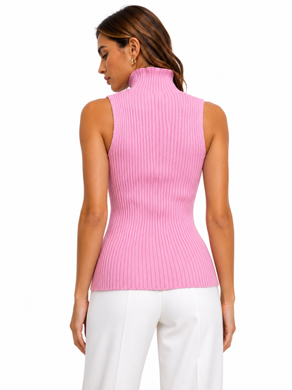 Damski Prążkowany Golf Bez Rękawów – Elegancki Dopasowany Top Dzianinowy Slim Fit  Meta Title