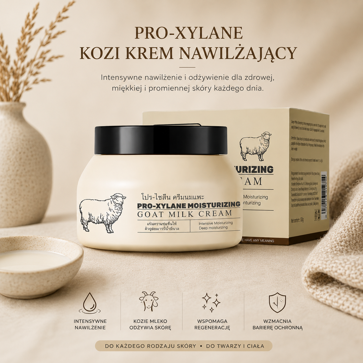 Krem z Mlekiem Kozim i Pro-Xylane – Intensywnie Nawilżający Krem do Twarzy i Ciała 100 g