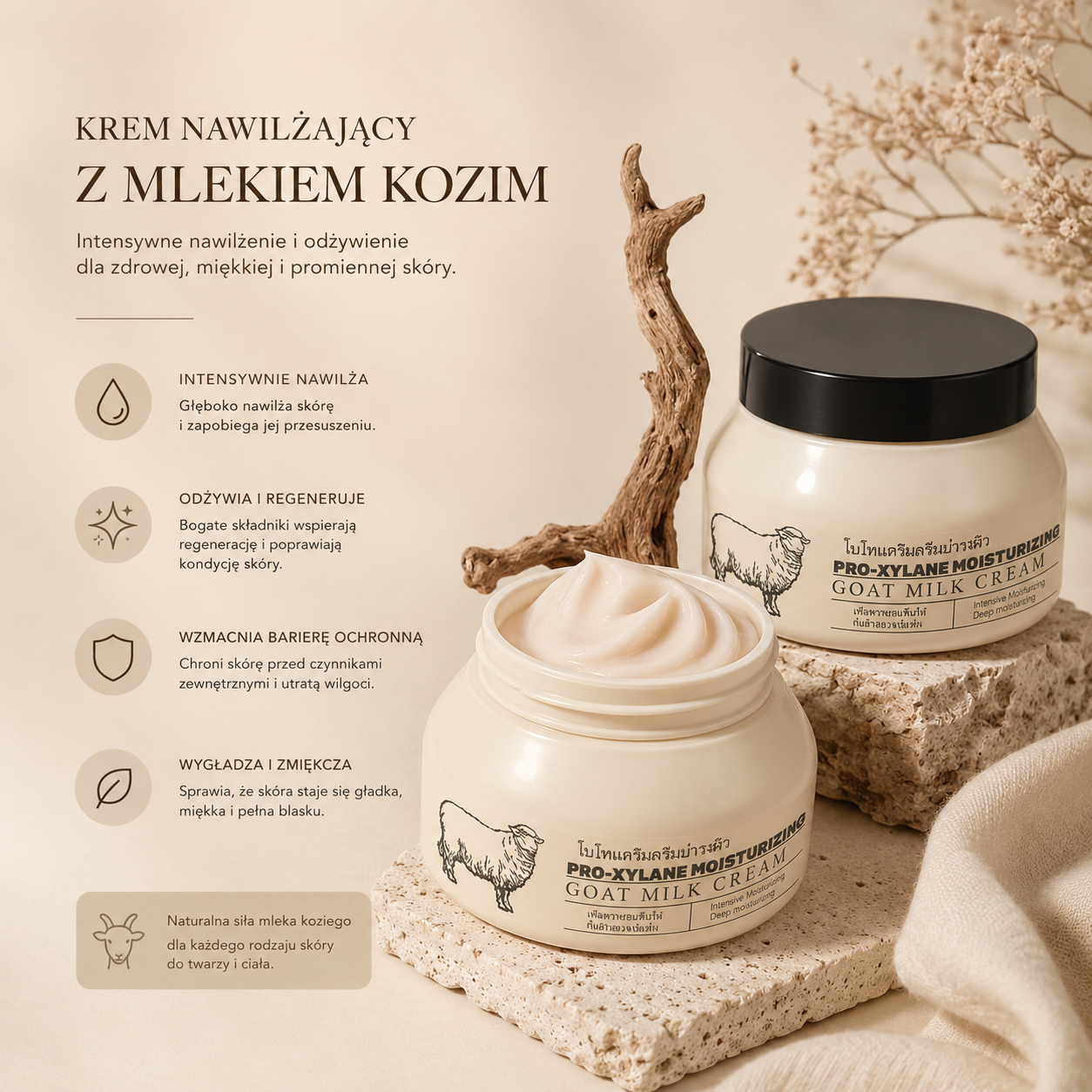 Krem z Mlekiem Kozim i Pro-Xylane – Intensywnie Nawilżający Krem do Twarzy i Ciała 100 g