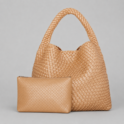 Torebka Damska Pleciona XXL – Shopperka na Ramię z Etui, Miękka Skóra PUSummer Beach Travel Tote Bag with Purse
