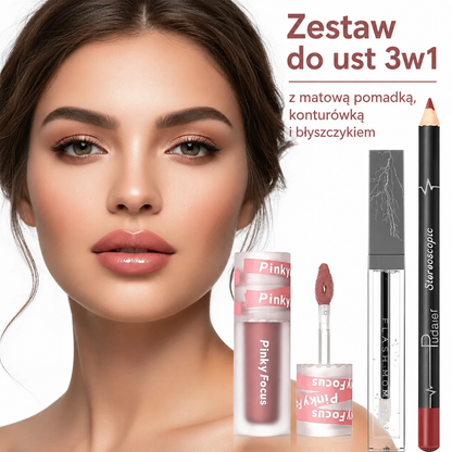 Zestaw do ust 3w1 – Konturówka, Matowa Pomadka i Błyszczyk  Trwały Makijaż Ust