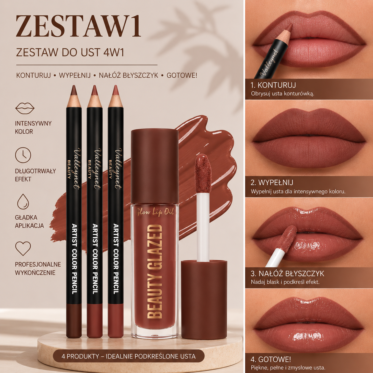 Zestaw do ust 4w1 – 3 Konturówki + Błyszczyk  Wodoodporny i Długotrwały Efekt Matowych Ust