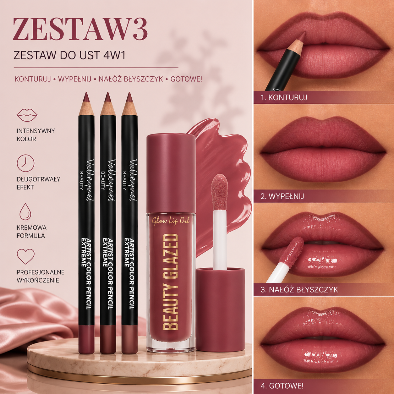 Zestaw do ust 4w1 – 3 Konturówki + Błyszczyk  Wodoodporny i Długotrwały Efekt Matowych Ust