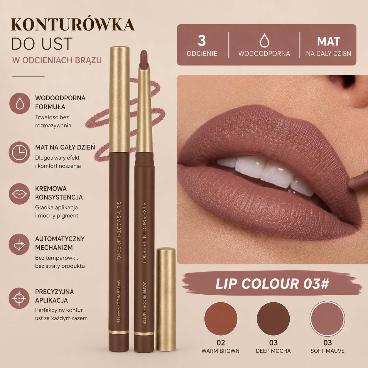 Wodoodporna konturówka do ust matowa brązowa Velvet Lip Liner