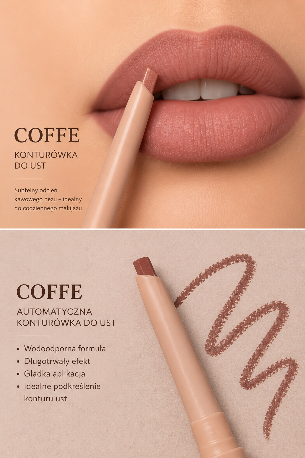 Automatyczna Wodoodporna Konturówka do Ust Coffe – Trwała Konturówka Nude o Wysokiej Pigmentacji