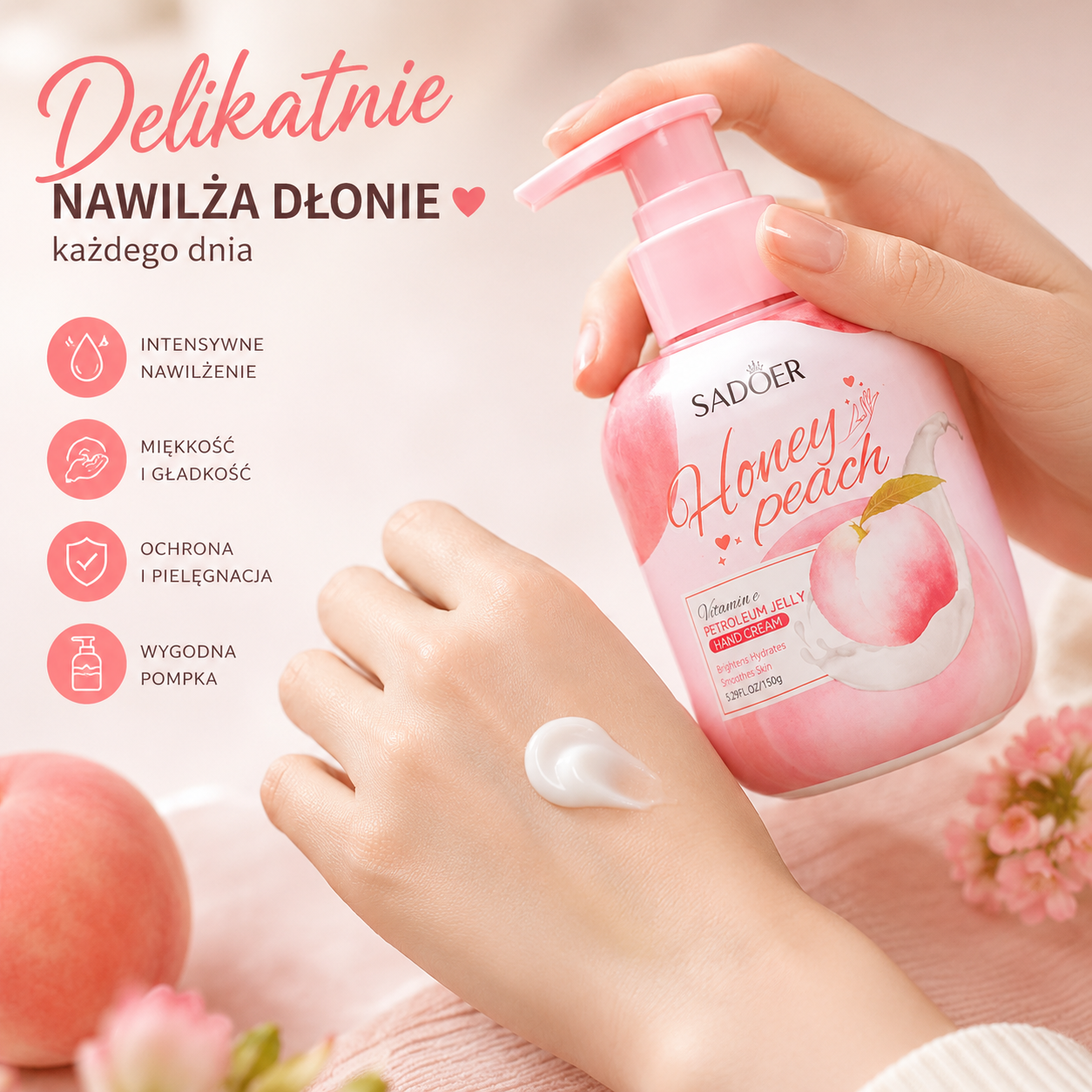 SADOER Peach Hand Cream 150g – Nawilżający Krem do Rąk z Ekstraktem z Brzoskwini