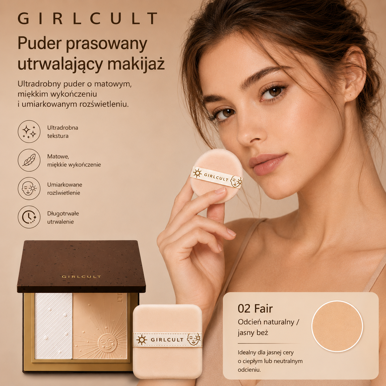 Girlcult Puder Prasowany Utrwalający Makijaż – Lekki, Matujący, Soft Focus, Naturalne Wykończenie