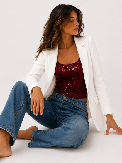 Damski top z cekinami na ramiączkach – krótki crop top z odkrytymi plecami