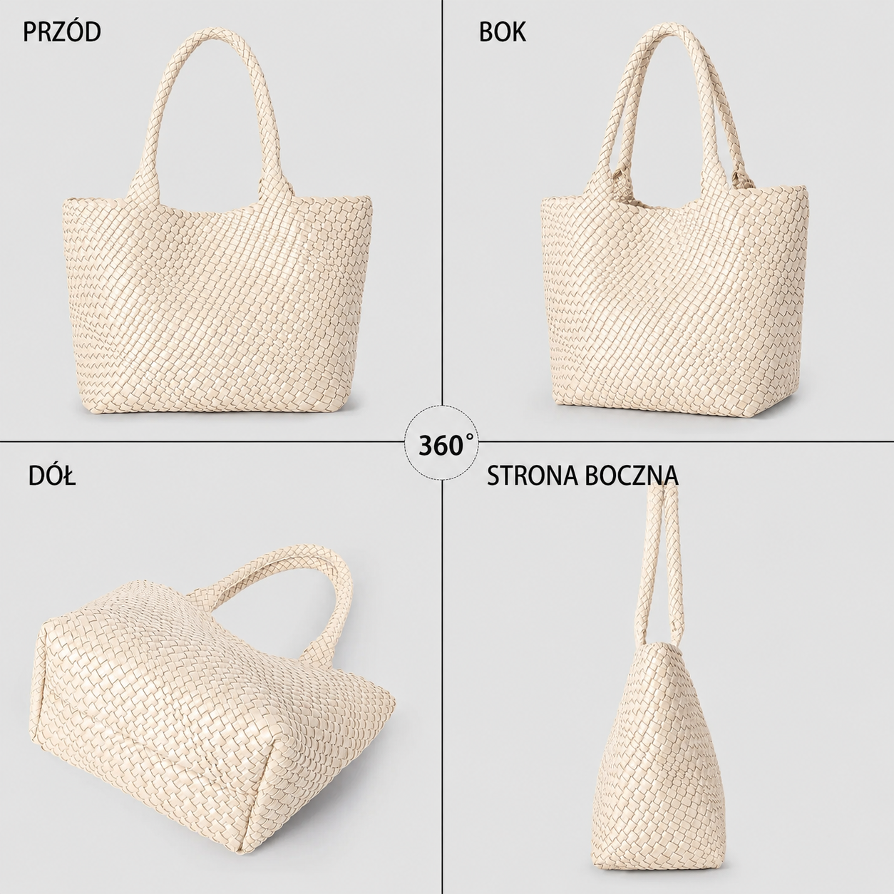 Duża Pleciona Torebka Damska Shopper z Miękkiej Skóry Ekologicznej PU - Beżowa/Czarna
