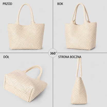Duża Pleciona Torebka Damska Shopper z Miękkiej Skóry Ekologicznej PU - Beżowa/Czarna
