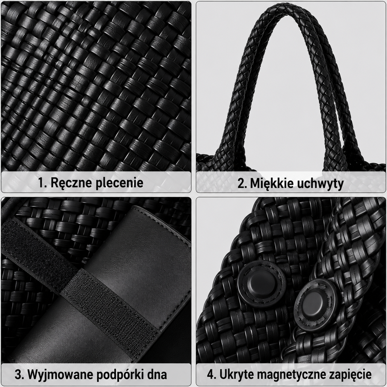 Duża Pleciona Torebka Damska Shopper z Miękkiej Skóry Ekologicznej PU - Beżowa/Czarna