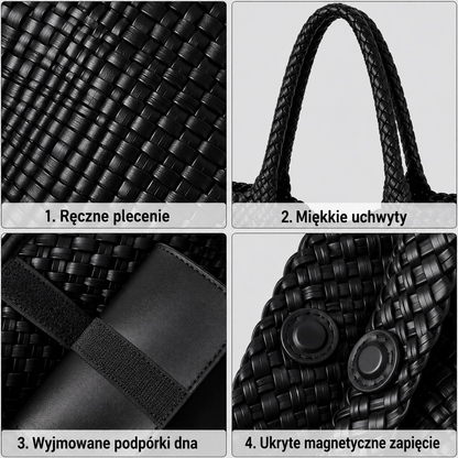 Duża Pleciona Torebka Damska Shopper z Miękkiej Skóry Ekologicznej PU - Beżowa/Czarna