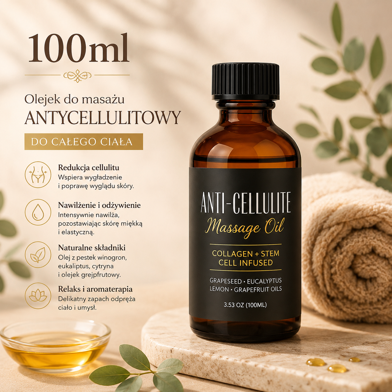 Olejek do Masażu Antycellulitowego 100ml/240ml – Nawilżający Olejek SPA z Kolagenem