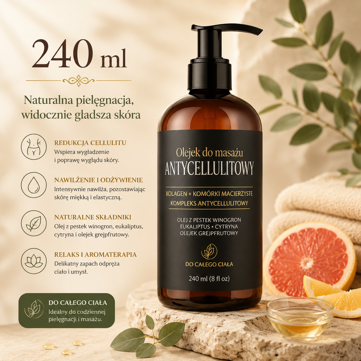 Olejek do Masażu Antycellulitowego 100ml/240ml – Nawilżający Olejek SPA z Kolagenem