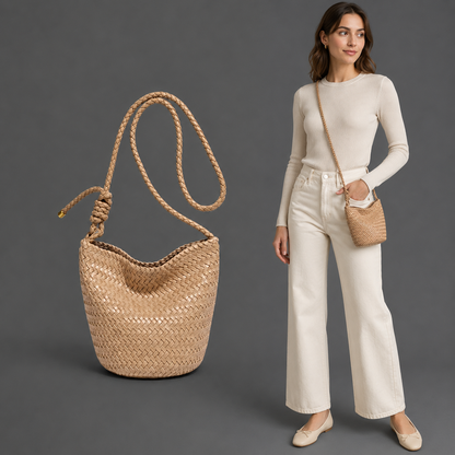 Pleciona Torebka Damska Bucket z Ekoskóry PU – Modna Torebka na Ramię i Crossbody