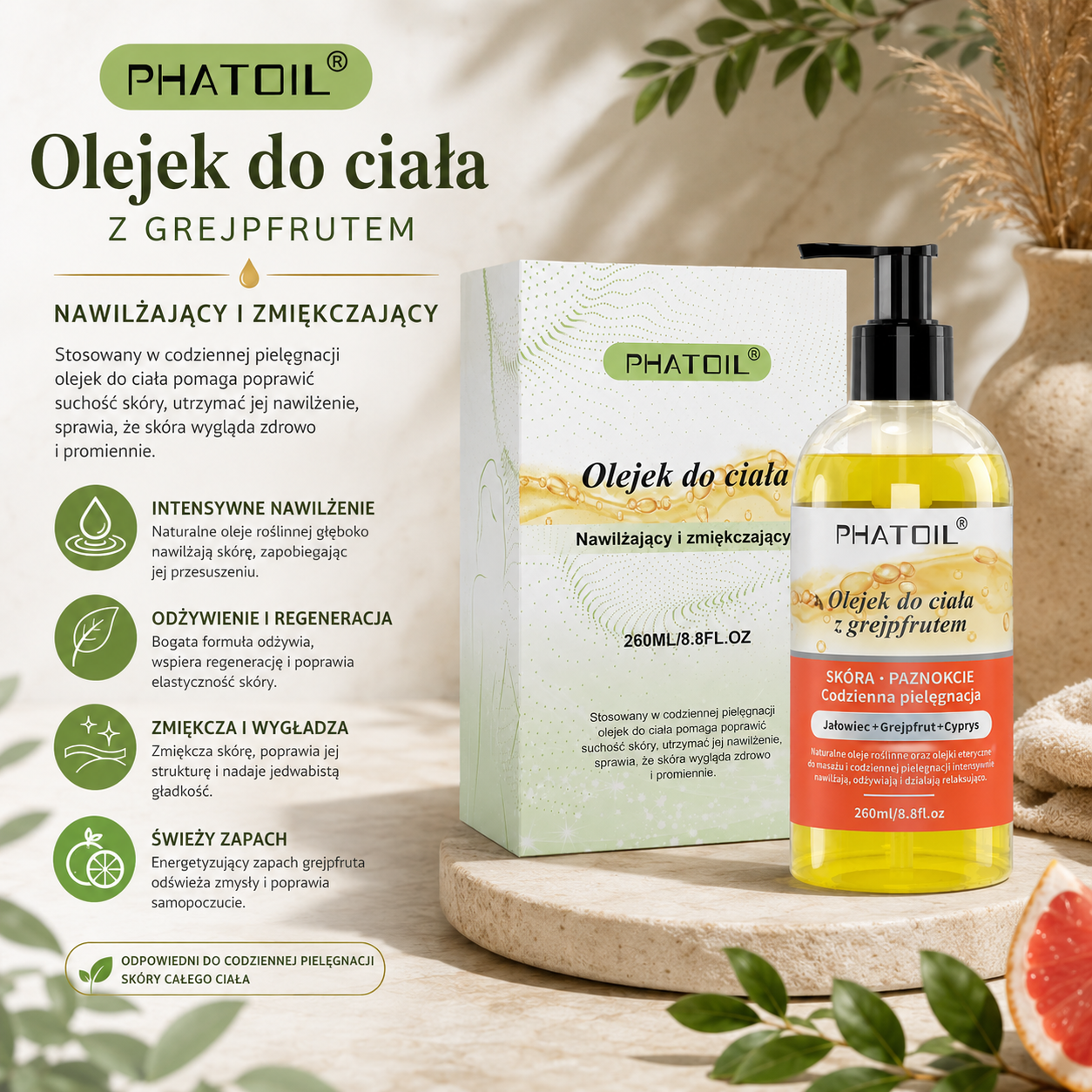 PHATOIL Olejek do Ciała 260 ml – Nawilżający Olejek do Masażu, Ciała i Włosów - 6 Zapachów do Wyboru