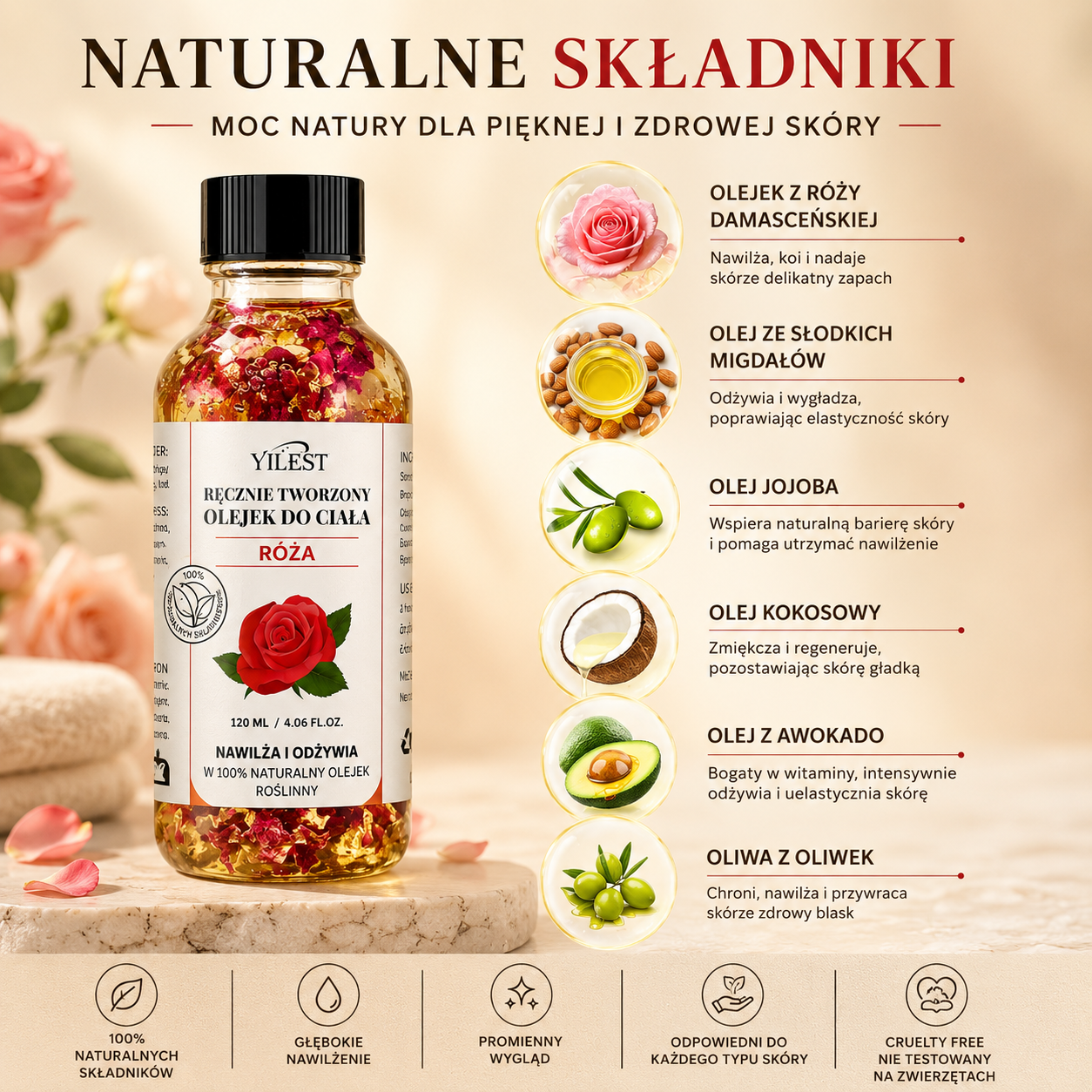 Różany Olejek do Ciała 120 ml – Nawilżający Olejek z Jojobą i Migdałami