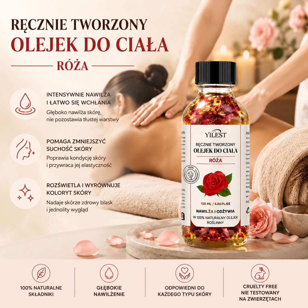 Różany Olejek do Ciała 120 ml – Nawilżający Olejek z Jojobą i Migdałami