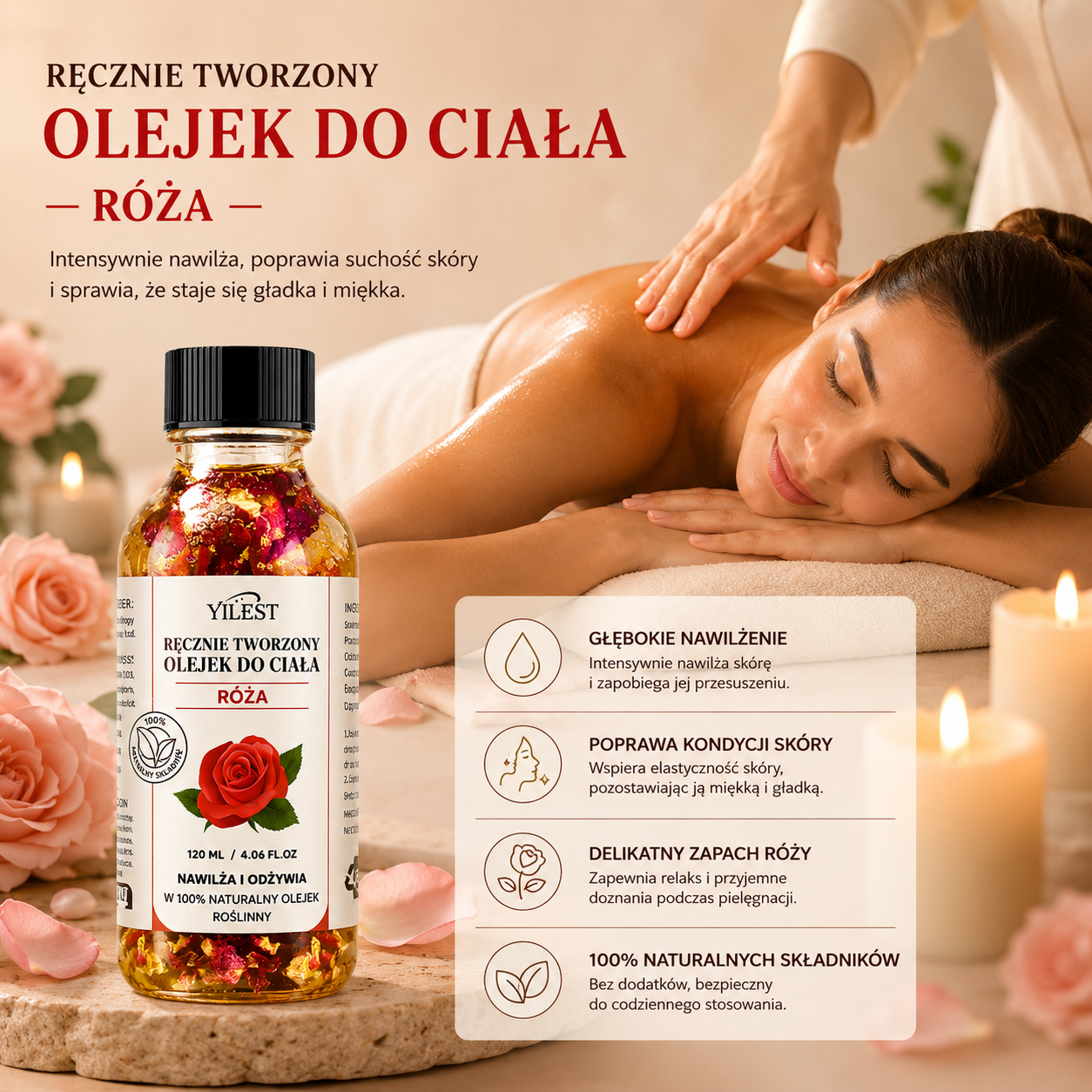 Różany Olejek do Ciała 120 ml – Nawilżający Olejek z Jojobą i Migdałami