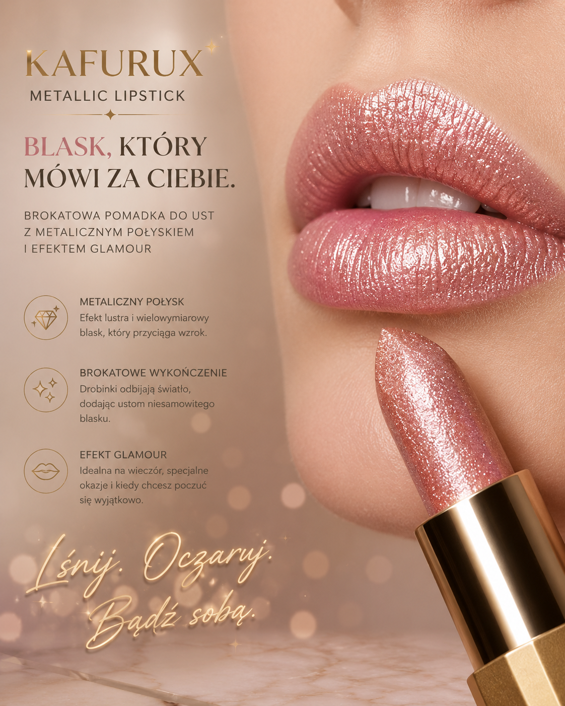 KAFURUX Metallic Lipstick – Brokatowa Pomadka z Efektem Metalicznego Blasku