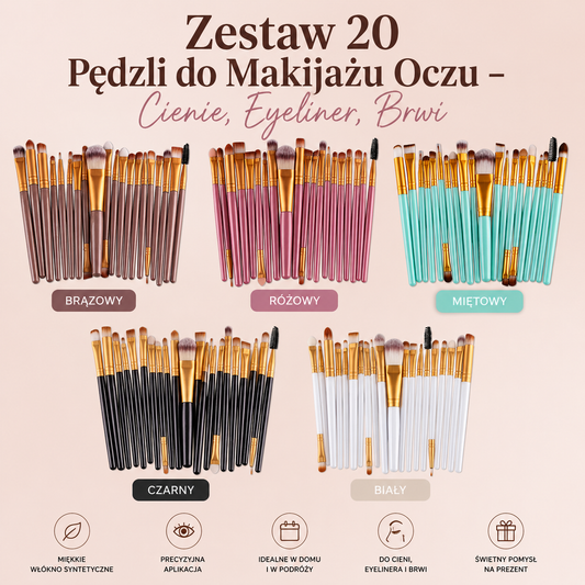 Profesjonalny Zestaw 20 Pędzli do Makijażu Oczu – Cienie, Eyeliner, Brwi