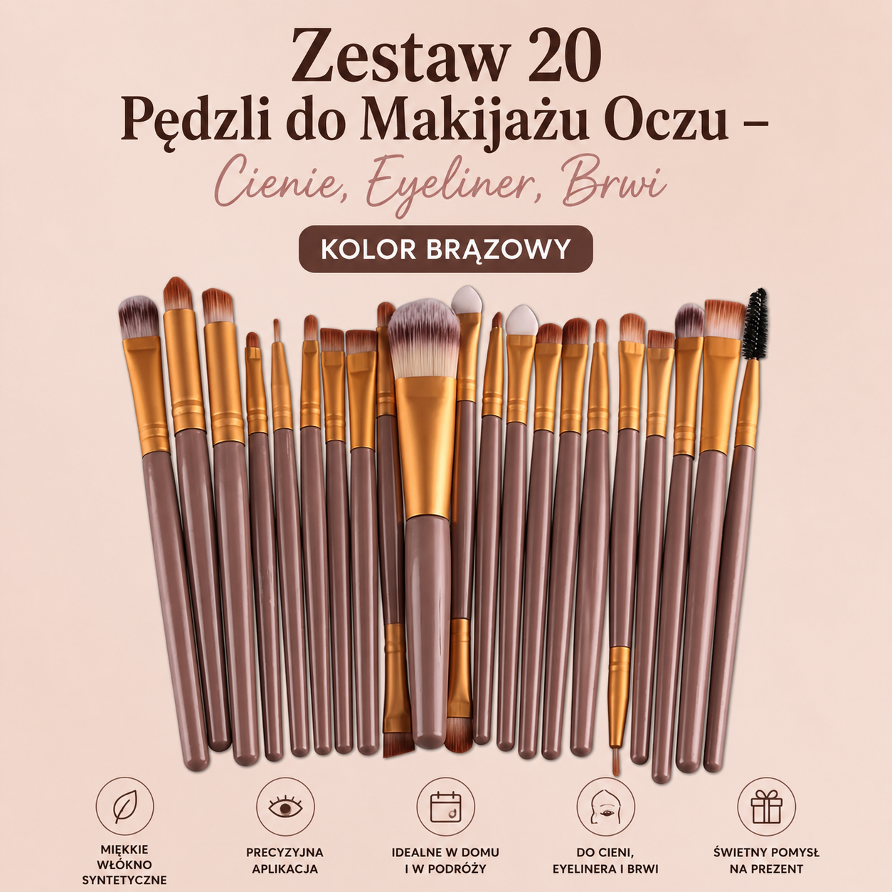 Profesjonalny Zestaw 20 Pędzli do Makijażu Oczu – Cienie, Eyeliner, Brwi