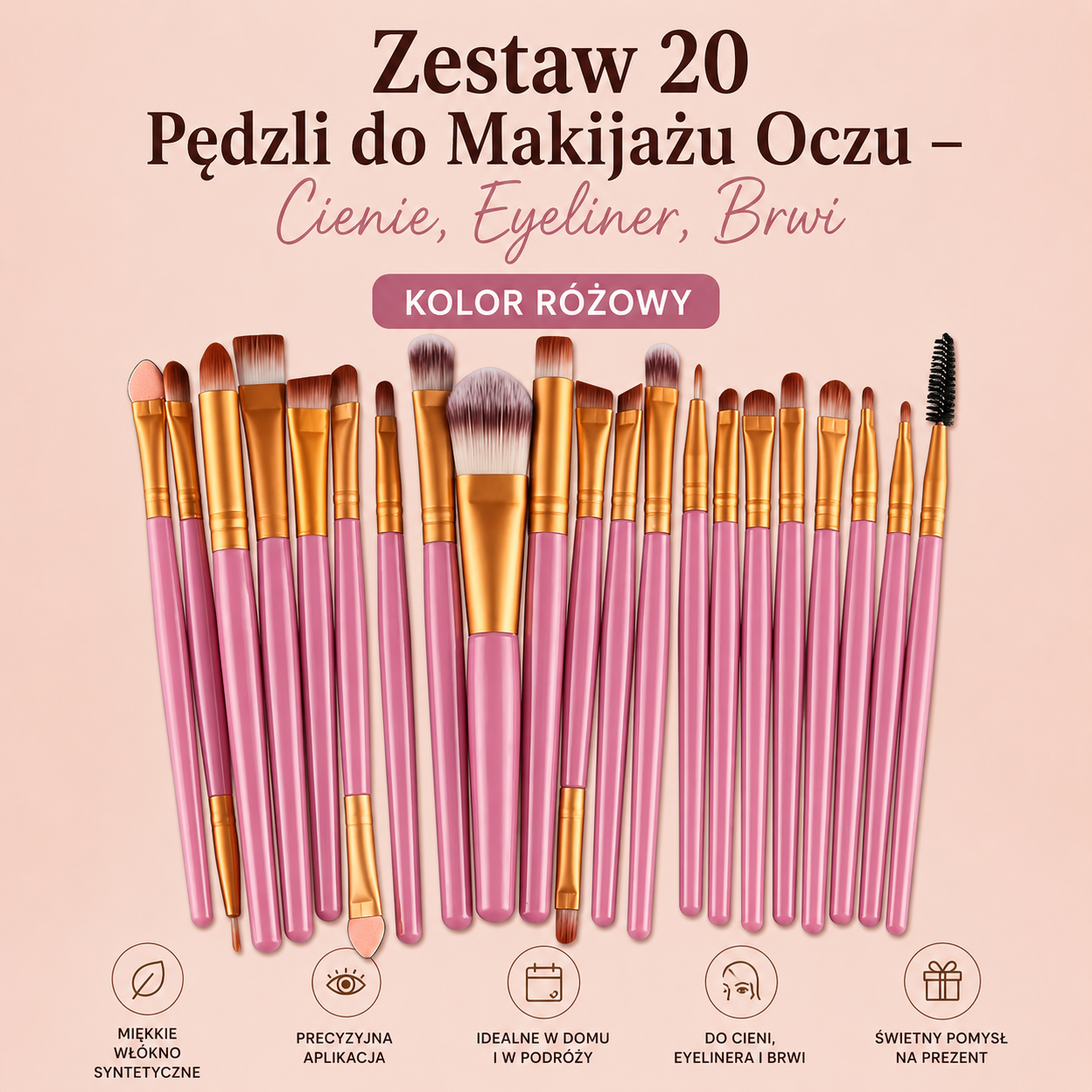 Profesjonalny Zestaw 20 Pędzli do Makijażu Oczu – Cienie, Eyeliner, Brwi