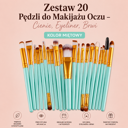 Profesjonalny Zestaw 20 Pędzli do Makijażu Oczu – Cienie, Eyeliner, Brwi