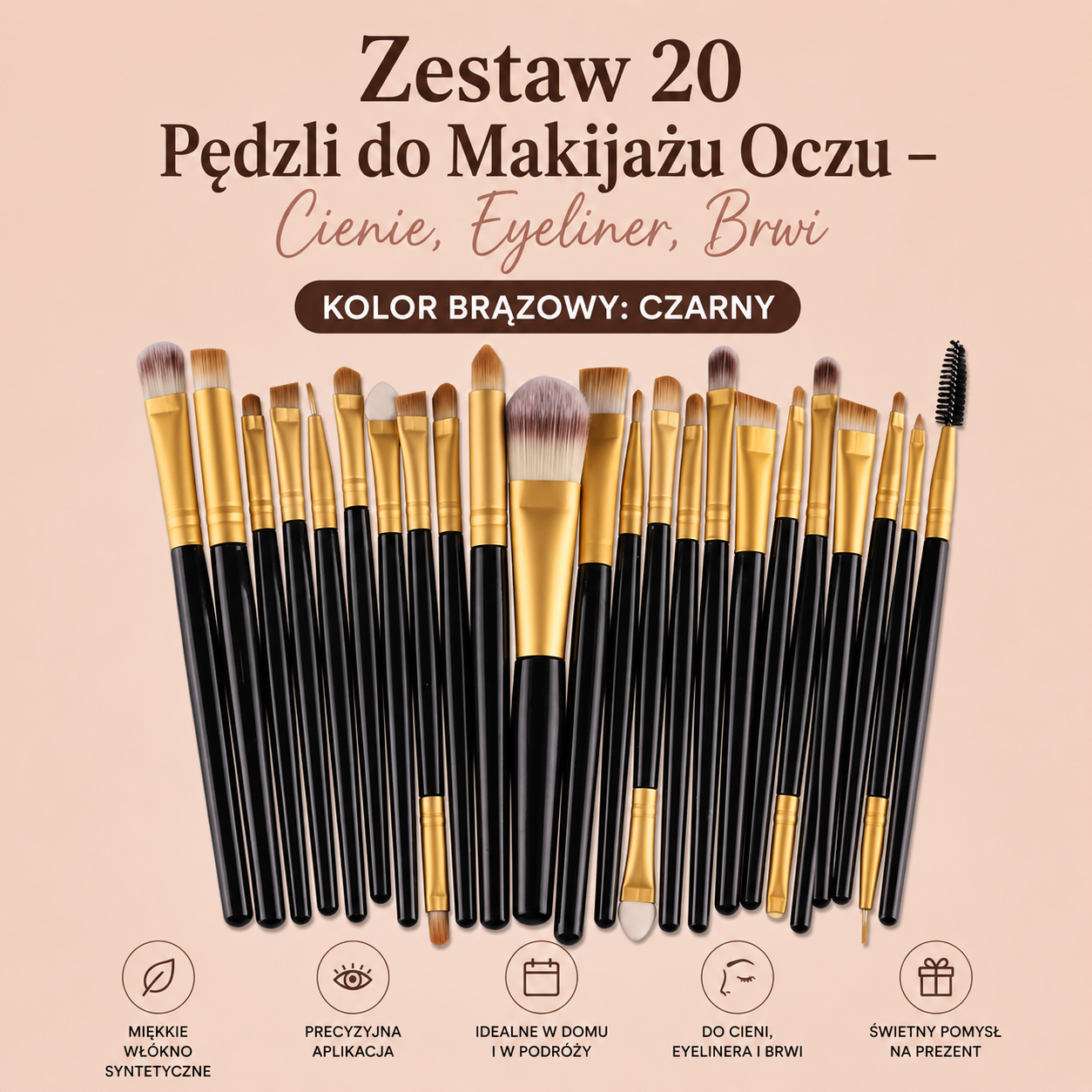 Profesjonalny Zestaw 20 Pędzli do Makijażu Oczu – Cienie, Eyeliner, Brwi