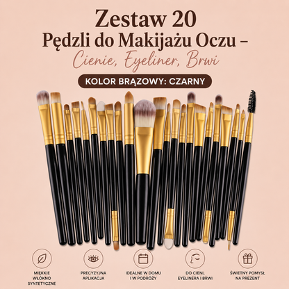 Profesjonalny Zestaw 20 Pędzli do Makijażu Oczu – Cienie, Eyeliner, Brwi