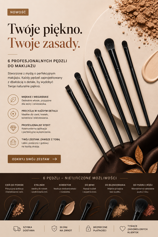 Zestaw 6 Precyzyjnych Pędzli do Makijażu Oczu – Cienie, Eyeliner, Blendowanie i Detale
