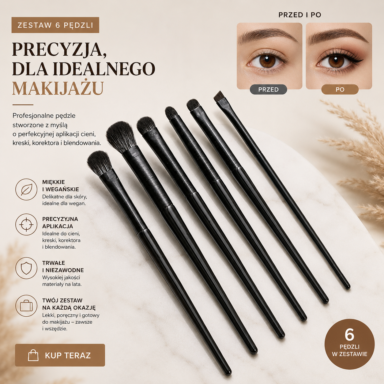 Zestaw 6 Precyzyjnych Pędzli do Makijażu Oczu – Cienie, Eyeliner, Blendowanie i Detale