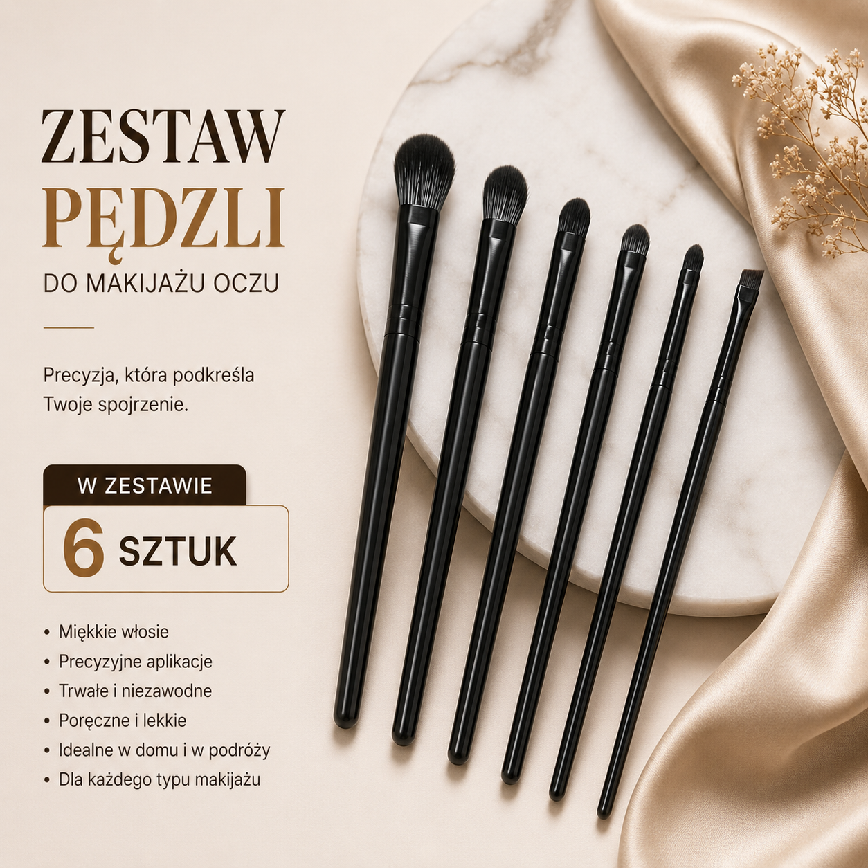 Zestaw 6 Precyzyjnych Pędzli do Makijażu Oczu – Cienie, Eyeliner, Blendowanie i Detale