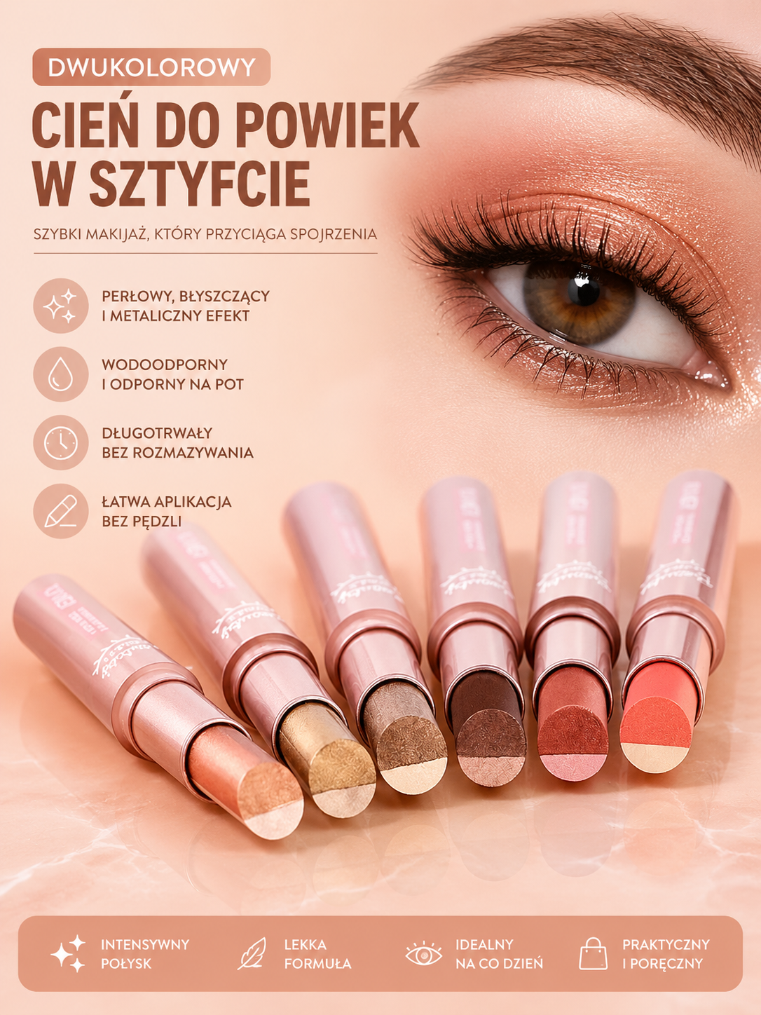 Dwukolorowy Cień do Powiek w Sztyfcie – Wodoodporny, Brokatowy i Długotrwały
