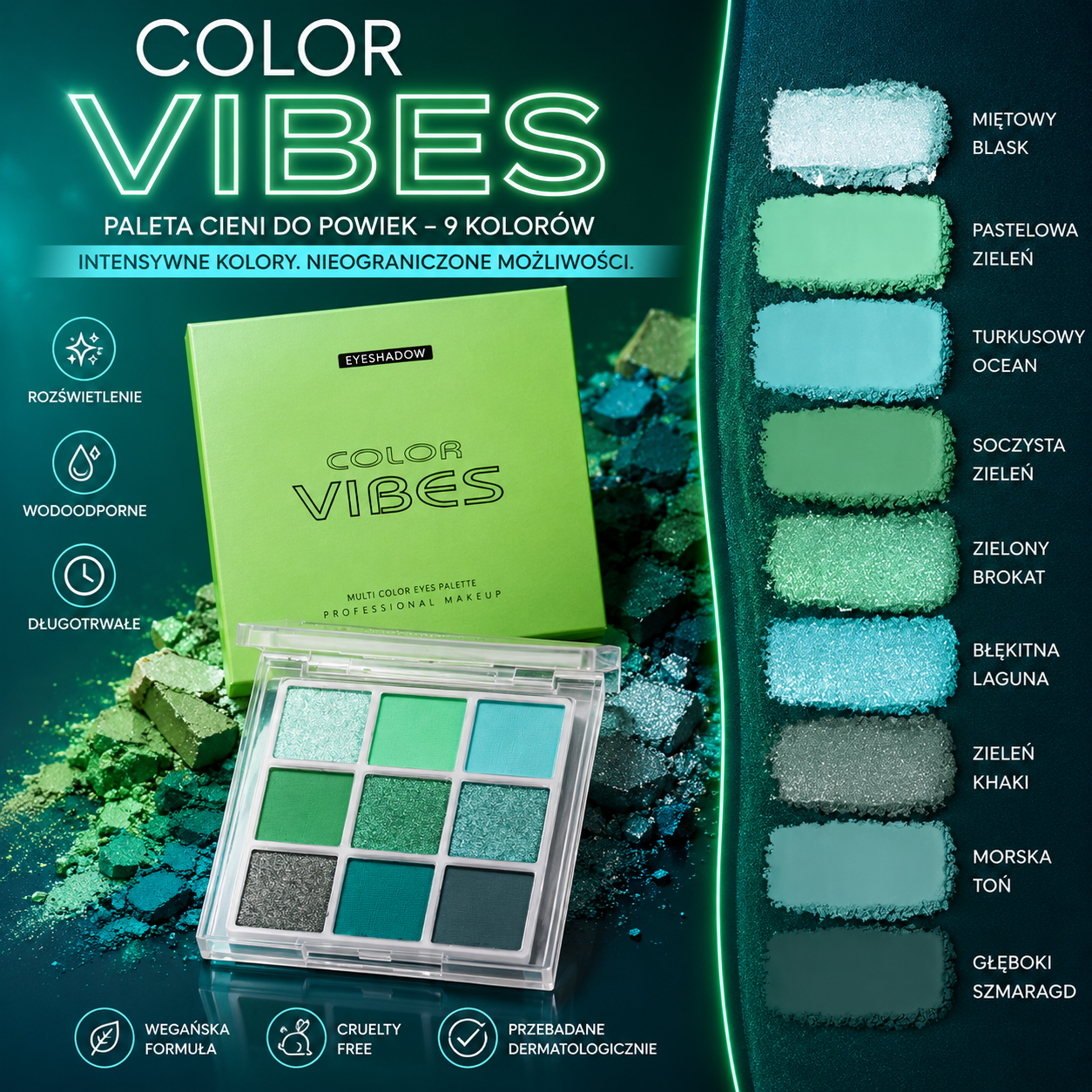 Paleta Cieni do Powiek 9 Kolorów – Glitter, Mat i Shimmer - Wodoodporna